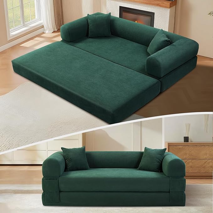 KBQ 3-Seat Convertible Sleeper Sofa Bed with 2 Pillows Corduroy Folding Mattress Couch Floor Sofa Lounge Couch for Living Room Bedroom Lounge Studio Deep Green
