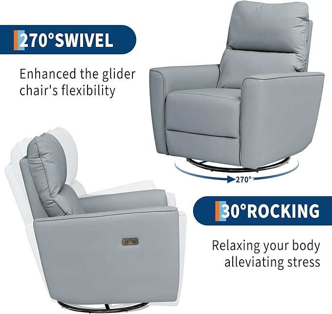 GarveeHome Power Recliner Chair 270° Swivel Rocking Glider with USB Charging Port PU Leather Upholstered Fabric Ergonomic Modern Nursery Chair for Living Room Bedroom Nursery (Light Grey)