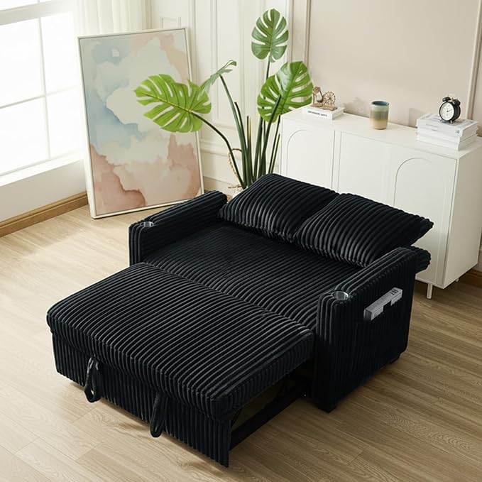 53 Corduroy Convertible Sleeper Sofa Bed with USB Port &amp Side Storage Pocket 3-in-1 Pull Out Loveseat Couch Bed with Adjustable Backrest Small Sofa for Living Room Apartment Guest Room Black