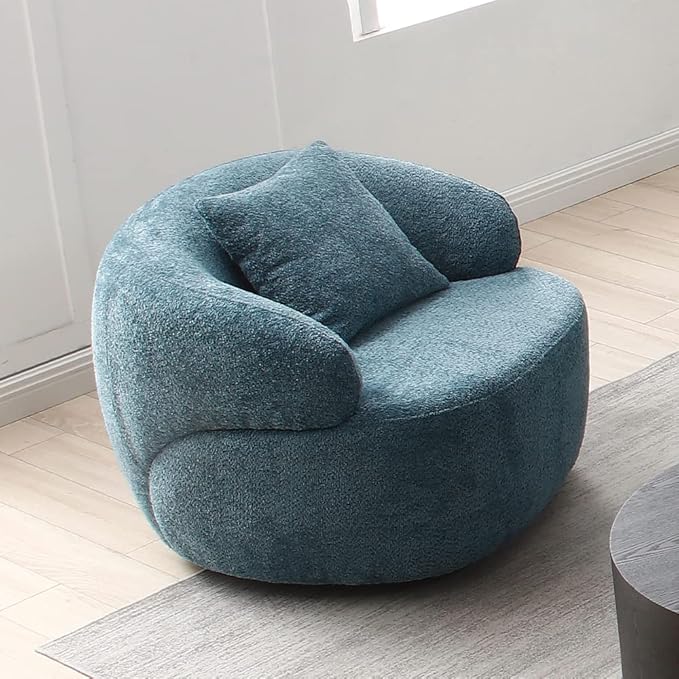 WILLIAMSPACE Swivel Accent Sofa Chair Round Back Boucle Barrel Chair with Pillow Modern Leisure Arm Chair for Hotel Living Room Bedroom Office (Navy Blue)