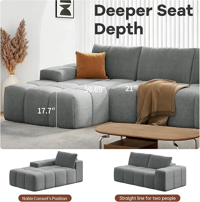 114” Oversized Modular Sectional Couch for Living Room Chenille Boneless Couch L-Shape Cloud Sofa with Deep Seat and Chaise Memory Foam Compressed Sofa for Living Room Furniture Bedroom Apartment