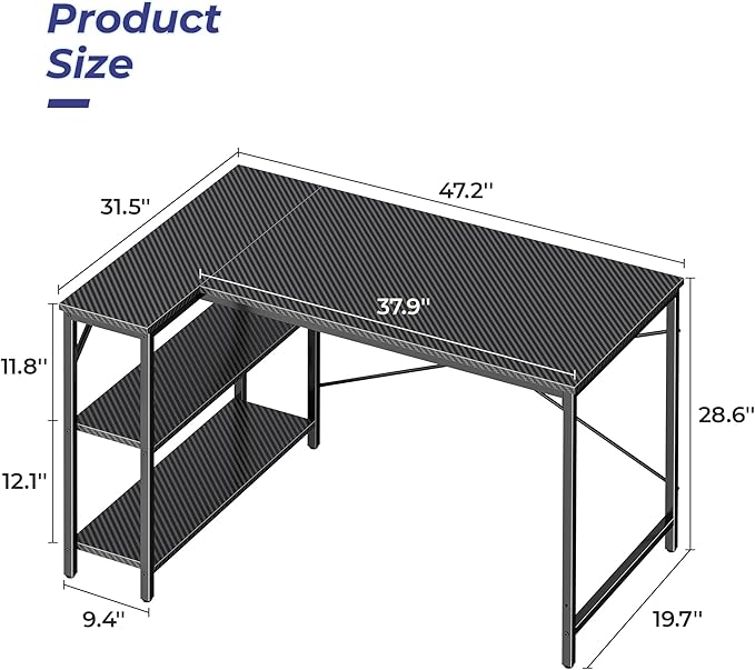 Huuger L Shaped Desk 47 Inch Gaming &amp Home Office Desk with Reversible Storage Shelves Metal Frame Carbon Fiber Black