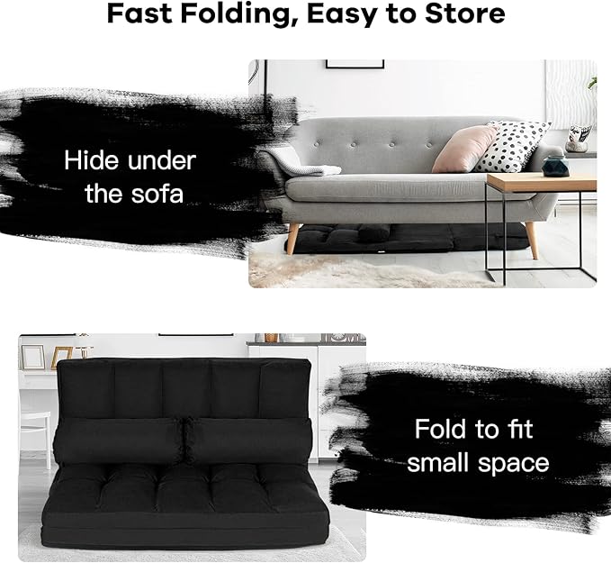 GOFLAME Convertible Floor Sofa 6-Position Couch With 2 Removable Pillows &amp Thick Sponge Cushion Adjustable Lazy Sofa Bed Load 330LBS for Living Room Bedroom Black