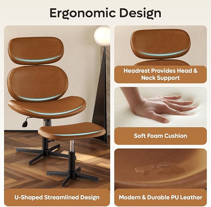 Bestier Swivel Modern Chair with Ottoman No Wheels PU Criss Cross Reading Chair with Extended Headrest &amp Adjustable Seat Modern Armless Ergonomic Chair for Living Room Brown