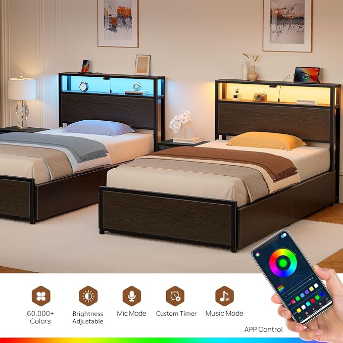 Rolanstar Twin Bed Frame with 4 Storage Drawers Charging Station and LED Lights Metal Platform Bed with 2-Tier Storage Headboard No Box Spring Needed Easy Assembly Noise-Free Black