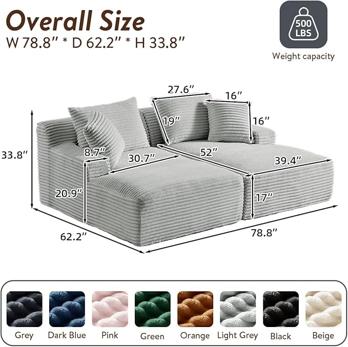 Oversized Double Chaise Lounge Chair IndoorWide Corduroy Boneless Chaise Lounges SofaComfy Upholstered Cloud Couch No Assembly Required Loveseat Sleeper Chair Bed for Living Room(Light Grey)