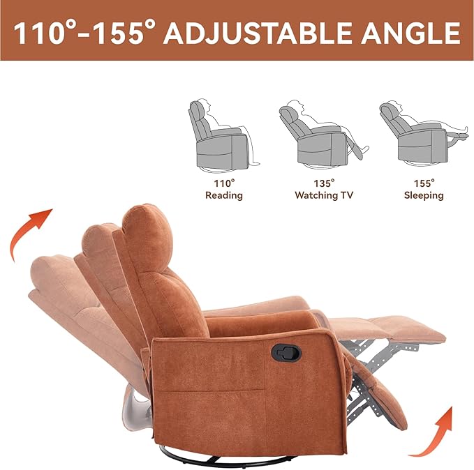 360°Swivel in Fabric Reclining ChairsHeat Massage Manual Recliner ChairSmall Recliners SpacesSingle Lazyboy Recliner Sofa for Living RoomRVBedroomOrange
