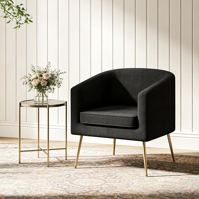 Velvet Accent Chair Set of 2 Modern Barrel Armchair with Gold Legs Upholstered Club Chairs for Living Room/Bedroom/Guest Reception Black