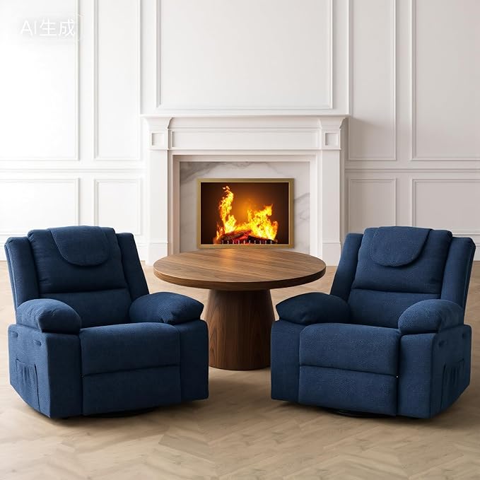 Swivel Rocker Recliner Chair for Adults with Massage and Heat Oversized Linen Fabric Glider Nursery Chair with Deep Seat High Backrest Upholstered Single Sofa for Living RoomBlue