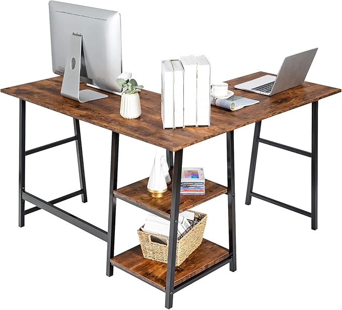 Tangkula L Shaped Desk Space Saving Corner Desk w/ 2 Tier Storage Shelves Study Writing Desk Workstation with Reinforced Metal Frame Home Office Desk (Rustic Brown)