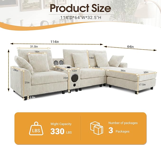 114 Corduroy Sectional Modular Couch with Speakers L Shaped Couches Comfy Deep Sofa with Console USB Charger Cup Holders Storage Ottoman for Living Room (Beige 114in)