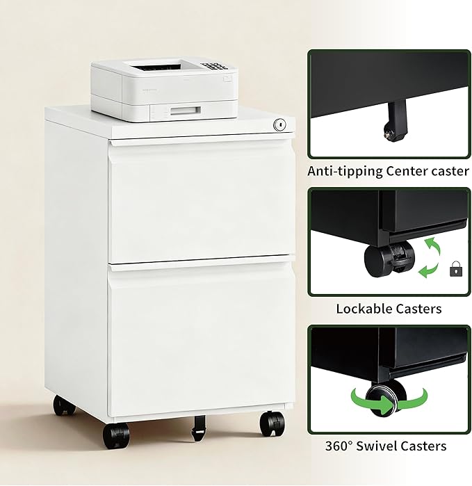 2 Drawer File Cabinet with LockRolling Filing Cabinet with Wheels for Home OfficeUnder Desk Metal File CabinetOffice Storage OrganizerWhite