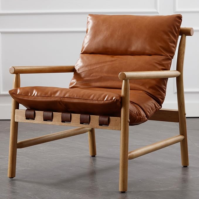 Faux Leather Accent Chair Mid Century Modern Living Room Chairs Comfy Arm Chair with Solid Wood Frame Upholstered Lounge Reading Chair Cozy Recliner for Guest Room/Bedroom Brown 7533AC