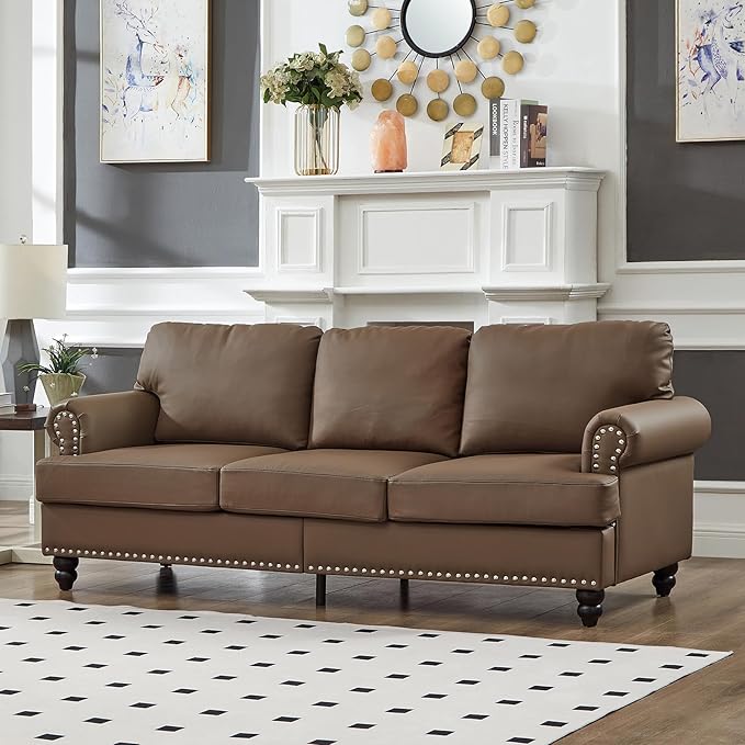 83-inch 3 Seater Couch with Storage Mid Century Chesterfield Faux Leather Vintage Retro Classic Sofa Couch with Nailhead Trim &amp Rolled Armrests for Living Room Bedroom Office Brown