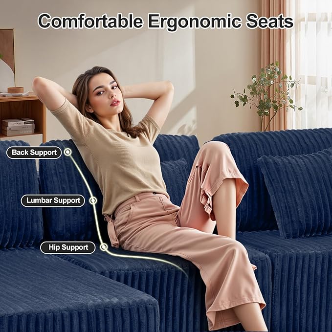 132 U Shaped Couch Oversized Modular Sectional Sofa with Chaise Corduroy U Shaped Couch with Deep Seat Boneless Couches for Living Room No Assembly Required Blue