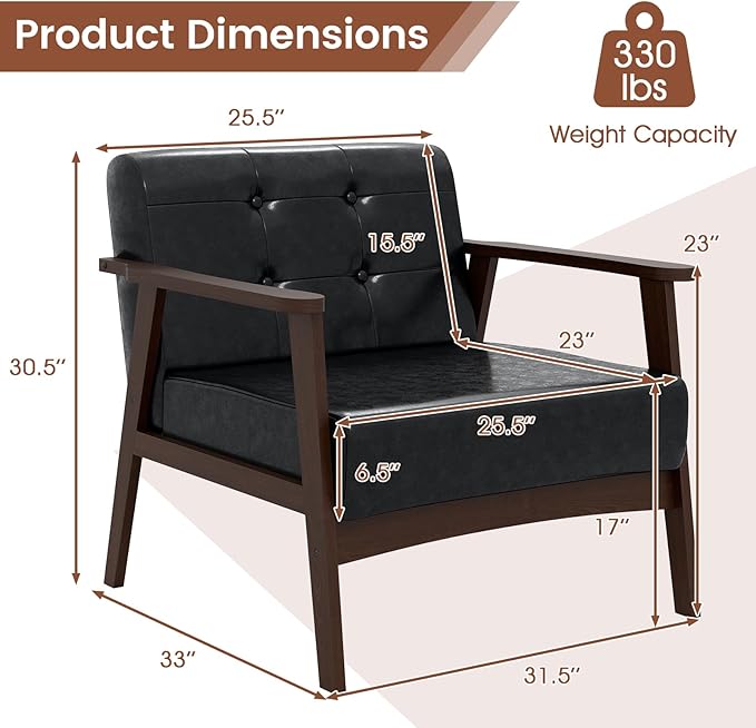 Giantex Mid-Century Modern Accent Chair Oversized Armchair with Rubber Wood Frame Armrest Wide Backrest100° Ergonomic Leisure Chair for Living Room Bedroom Office