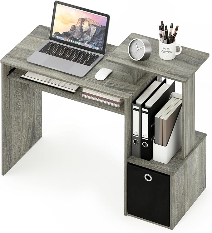 Furinno ECON Desk 40 Wide Gaming Desk with Keyboard Tray Computer Desk Office Desk with Side Shelves and Storage Bin for Home Office Grey Oak