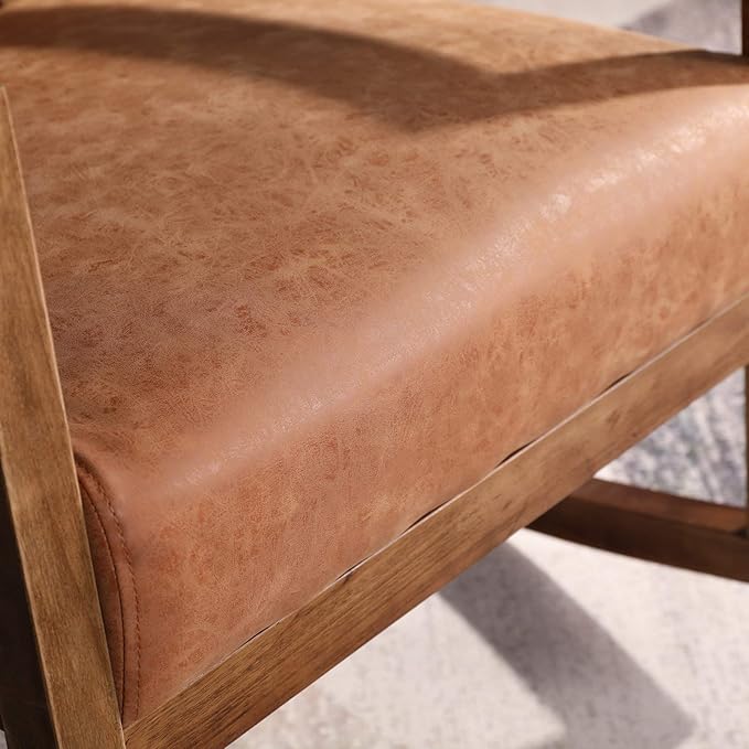 Mid Century Rocking Chair with Wood Frames Faux Leather Upholstered Farmhouse Living Room Chair for Living Room Bedroom Burnt Orange