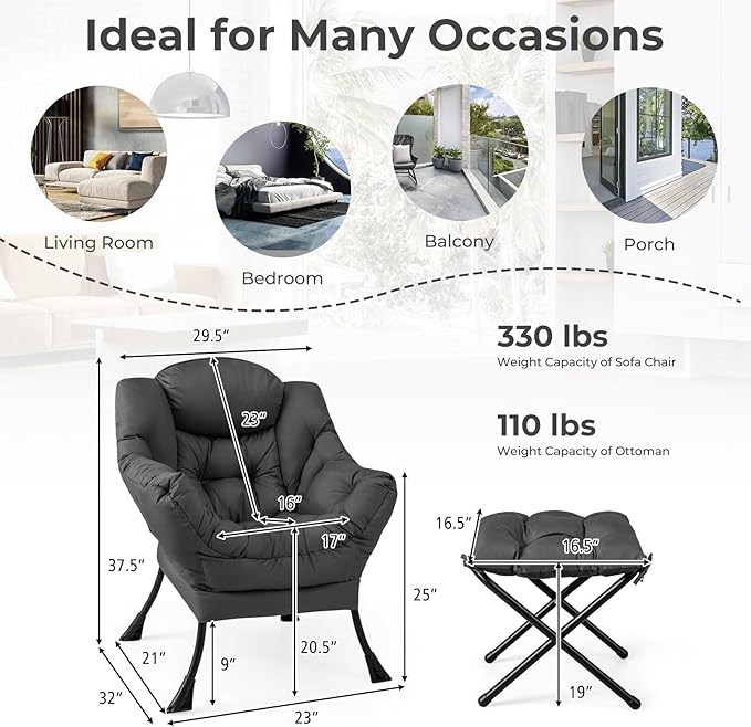 Single Lazy Sofa Chair w/Foldable Ottoman Modern Lounge Chair Indoor w/Armrest &amp Side Storage Pocket Upholstered Comfy Reading Chair for Bedroom Living Room Office