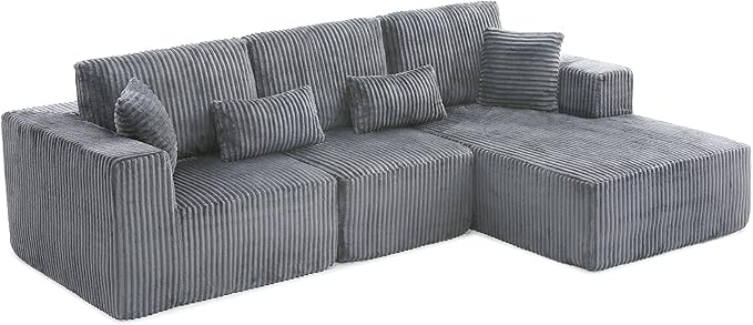 HYJT-H&ampK Modular Sectional Sofa Cloud Sectional Couch 107 Comfy Fluffy L Shaped Dark Grey Couches for Living Room Deep Seat Memory Foam Plush Corduroy Boneless Couch Sectionals Right Facing Cha