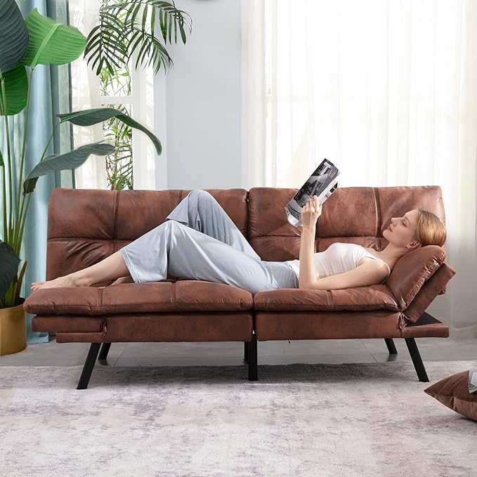 Opoiar Leather Futon Sofa BedConvertible Memory Foam Couch BedFuton Sets Daybed with Mattress IncludedFolding Modern Sleeper Sofa Love seat for RV Car Living Room&ampBedroom Small SpaceBrown