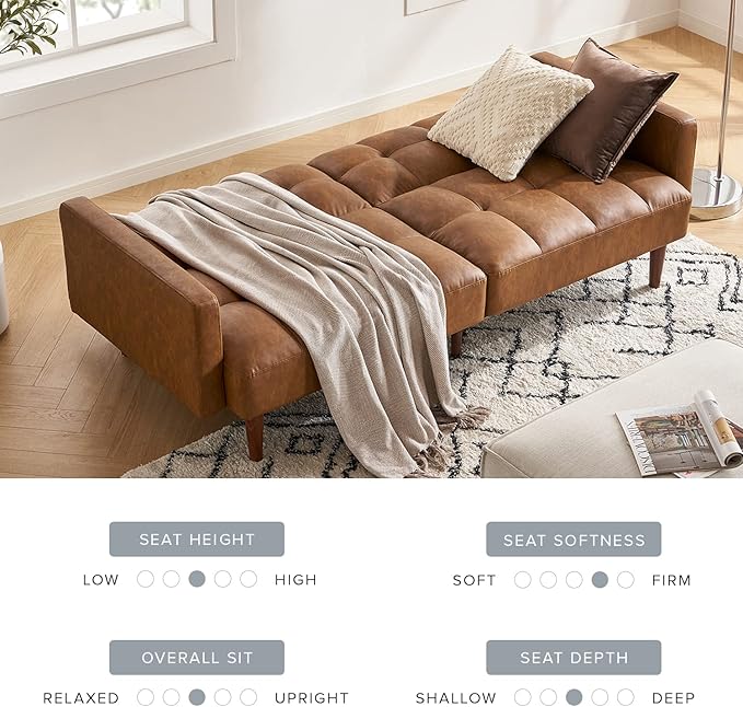 mopio 76.4 Futon Sofa Bed Couch Loveseat Sleeper Sofa Mid Century Modern Futon Couch Sofa Cama Couches for Living Room (Aaron PU Pecan Brown)