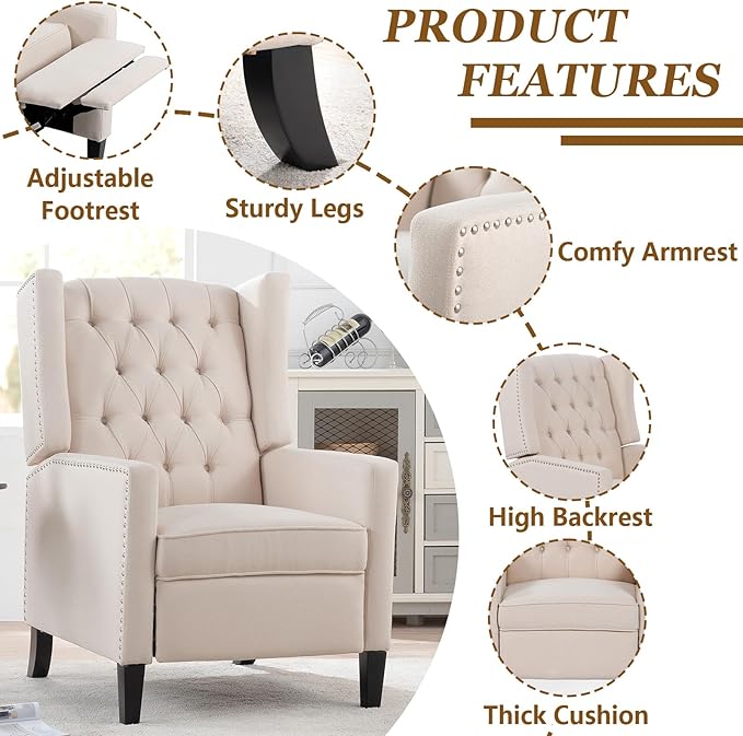Wingback Recliner Chairs with Foldable Side Table&ampUSB Charging PortsMid Century Accent Single Sofa Small Recliner ChairModern Comfy Pushback Reclining Chair for Living Room (Fabric Beige)