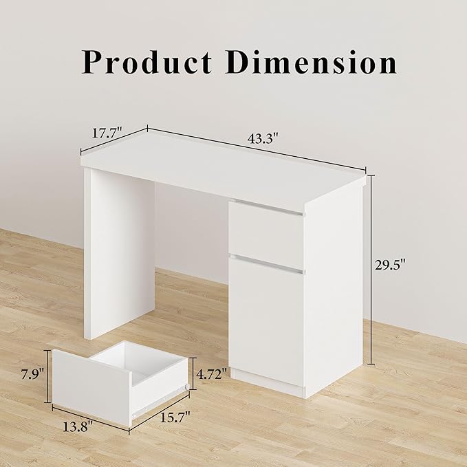 furtble White Desk with Drawers 43 Inch Small Cute Desk for Bedroom Home Office PC Desks Workstation Study Table Desks with Storage White