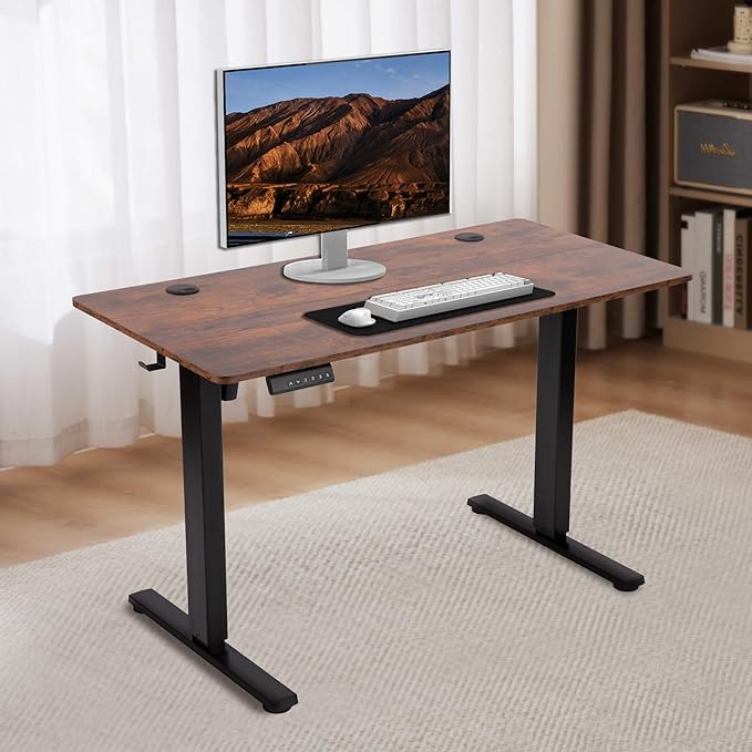 Hexago Electric Adjustable Height Standing Desk - 55 x 24 inch Sit to Stand Up Desk with Splice Board Rising Home Office Computer Table with 2 Hook and Wire Hole for Work -Rustic Brown