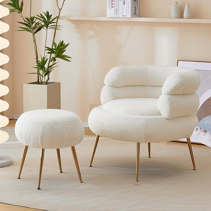 Modern Accent Chair with OttomanSoft Teddy Velvet Armchair with Golden Metal LegsComfy Reading Lounge Chairs for Living RoomBedroom (Beige)