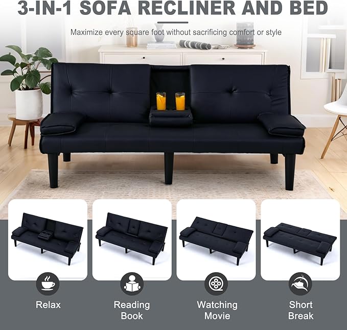 Futon Sofa Bed PU Leather Modern Convertible Futon Couch with Removable Armrests Cup Holders Loveseat Sleeper Sofa Bed for Living Room Apartment Small Spaces (Black)