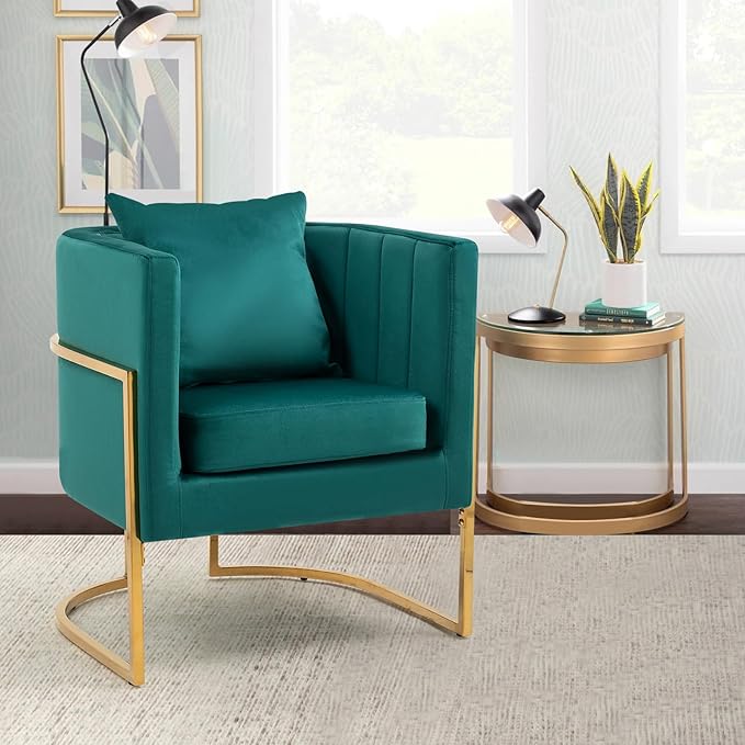 Velvet Modern Accent Chairs Set of 2 Upholstered Barrel Armchair Mid Century with Pillow for Living Room Comfy Single Vanity Chair with Metal Gold Legs for Bedroom Green
