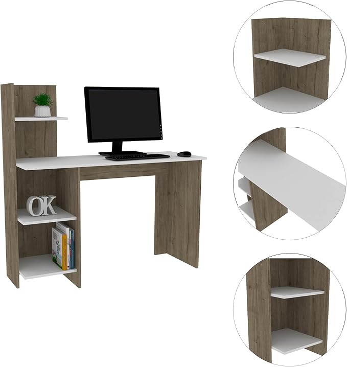 Penau Writing Desk with Four Shelves Light Oak and White Finish Modern Design Compact Size for Home Office