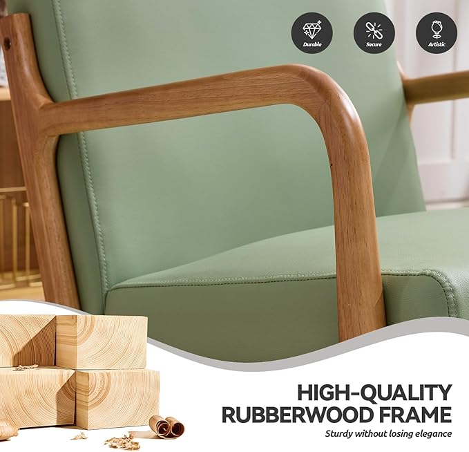 Mid Century Modern PU Leather Accent Chair Living Room Chairs with Lumbar Pillow Boho Arm Chiar Reading Chair with Solid Wood Frame for Living Room Bedroom