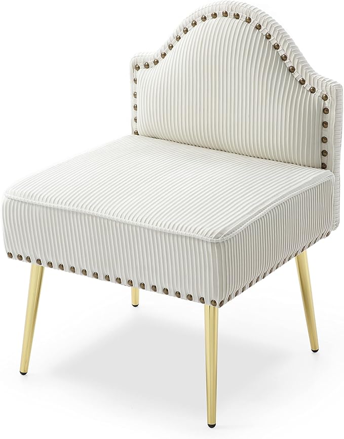 Modern Upholstered Pleated Velvet Accent Chair Tufted Dining Office Chairs Armless Slipper Chair Mid-Century Side Chair Single Luxury Sofa Chair with Golden Legs for Living Room Small SpaceBeige