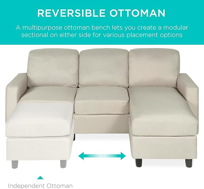 Best Choice Products Upholstered Sectional Sofa for Home Apartment Dorm Bonus Room Compact Spaces w/Chaise Lounge 3-Seat L-Shape Design Reversible Ottoman Bench 680lb Capacity - Beige