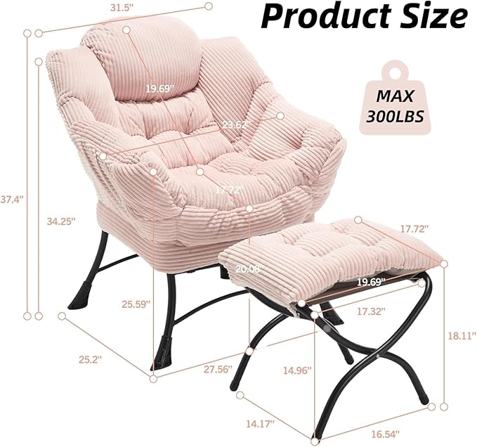 Modern Lazy Chair with Ergonomic Ottoman Comfortable Lounge Chair with Footrest for Space Saving Comfy Reading Armchair for Living Room Bedroom Office Pink