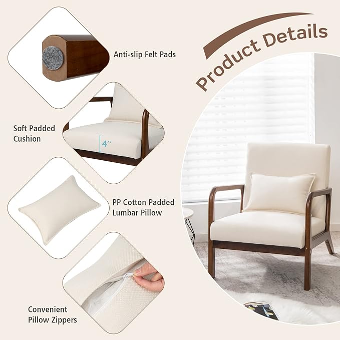 KOTEK Mid Century Modern Accent Chair with Lumbar Pillow Reading Arm Chair with Rubber Wood Frame Upholstered Seat &amp Back Waist Cushion Fabric Lounge Armchair for Living Room Bedroom (2 Beig