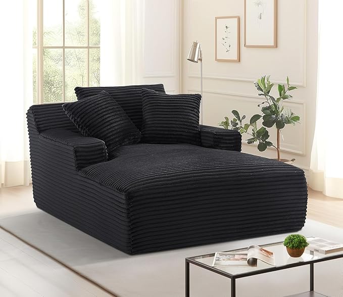 Container Furniture Chamden Oversized Chaise Lounge Chair Modern Corduroy Sofa Bed with Full Foam Cushioning Cozy Convertible Sleeper for Living Room or Bedroom Black