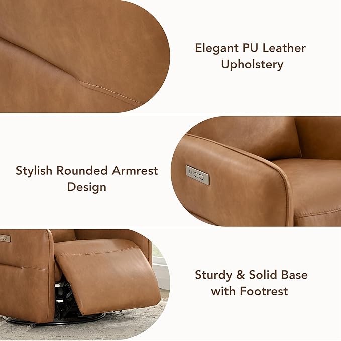 CHITA Faux Leather Power Recliner Chair Swivel Glider Recliner for Adults Nursery Rocking Chair with USB &amp Type-C Charging for Living Room Bedroom Camel