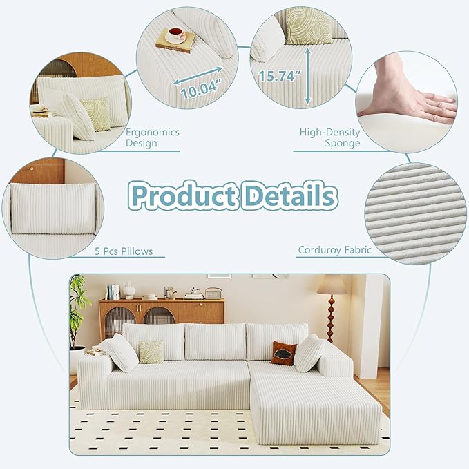 96 Cloud Sectional Couch with L-Shape Chaise Modern Corduroy Boneless Couch for Living RoomMemory Foam Sofa with Deep SeatNo Assembly Required (WhiteRight-Facing Chaise)
