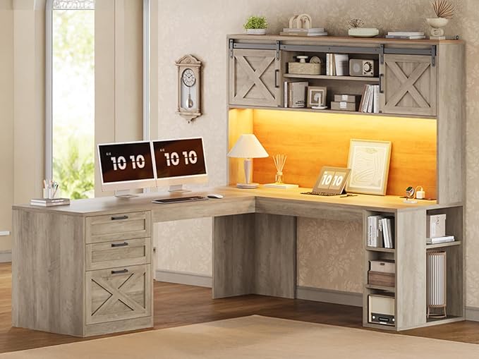 SEDETA 67 Farmhouse L Shaped Desk with Hutch Home Office Desks with Drawers &amp Sliding Doors Corner Computer Desk with Storage Shelves &amp Power Outlets Executive Desk with LED Lights (Grey)