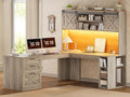 SEDETA 67 Farmhouse L Shaped Desk with Hutch Home Office Desks with Drawers &amp Sliding Doors Corner Computer Desk with Storage Shelves &amp Power Outlets Executive Desk with LED Lights (Grey)