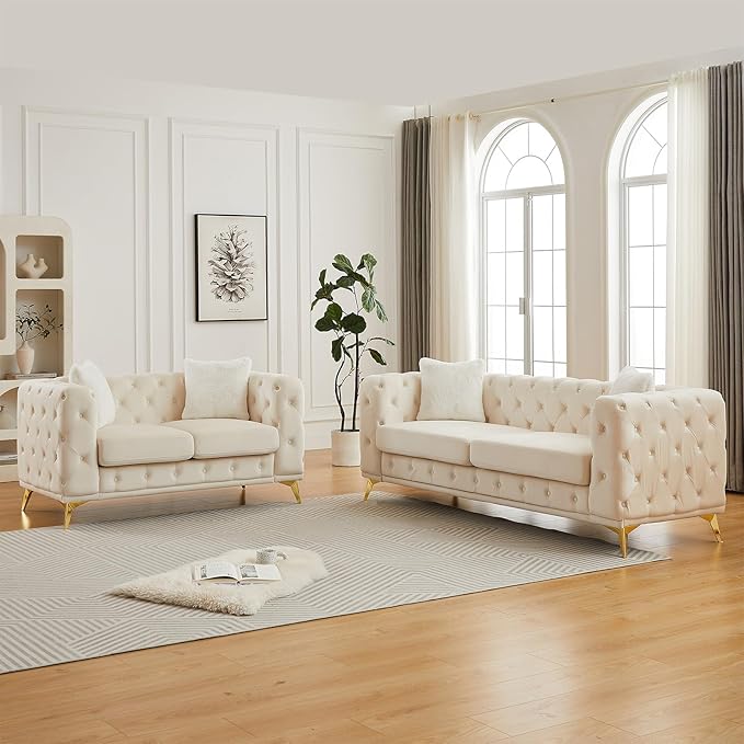 Sofa and Loveseat Set Chesterfield Vintage Mid Century Modern Velvet Fabric Upholstered Button Tufted Deep Seat Sofa Couch Furniture Set with 4 Throw Pillows for Living Room Office Beige (2 Pieces)