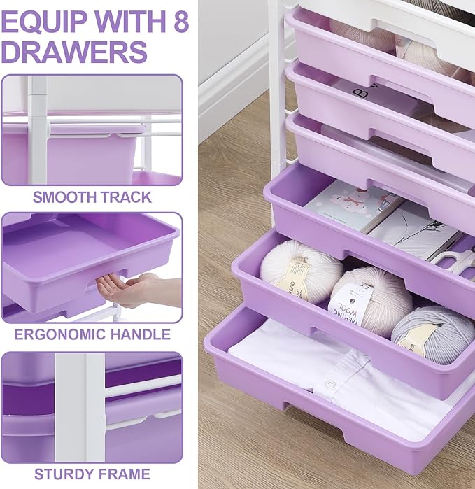 Rolling Cart with DrawersUtility Cart With 8 Drawers and Wooden Tabletop for Living RoomClassroomBedroomBathroomDormOfficePurple