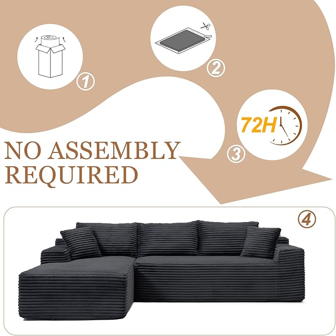 108 Cloud Sectional Couch Modern Boneless Couch with L-Shape Chaise Deep Seat Modular Sectional Sofa Corduroy Corner Couches for Living RoomNo Assembly Required (Black Left Facing Chaise)