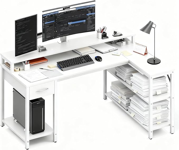 Simple Deluxe 47-inch L-Shaped Gaming Desk with LED Lights &amp Power Outlets Reversible Corner Computer Desk with Monitor Riser Drawer &amp Shelves for Home Office Black/White