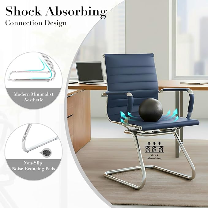 CIMOTA Waiting Room Chairs Leather Office Guest Chair Mid Back Reception Chairs with Sled Base for Meeting/Patient/Conference Room Navy Set of 6