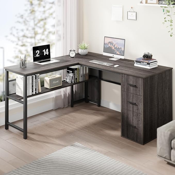 LVB L Shaped Desk Wood Metal Computer Desk with Drawer Industrial Corner Home Office Desk with Storage Cabinet for Bedroom Dark Gray Oak 59 Inch