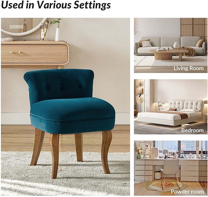 HULALA HOME Velvet Vanity Chairs with Low Back Modern Small Vanity Stool with Solid Wood Legs Upholstered Tufted Makeup Chair for Bedroom Living Room Dressing Women Girls Set of 2 Teal